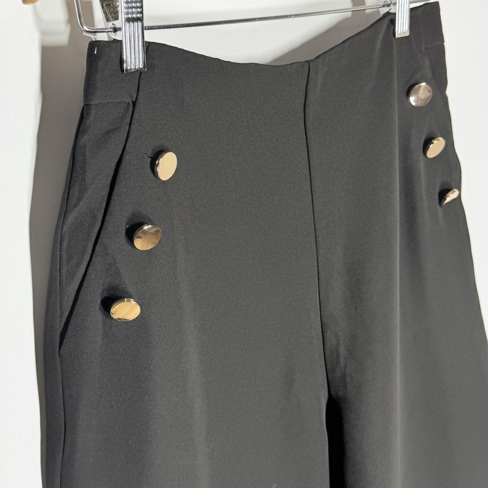 Bohme Womens Sailor Wide Leg Pants Black High Rise Button Detail AP2161-L Medium - Picture 3 of 7